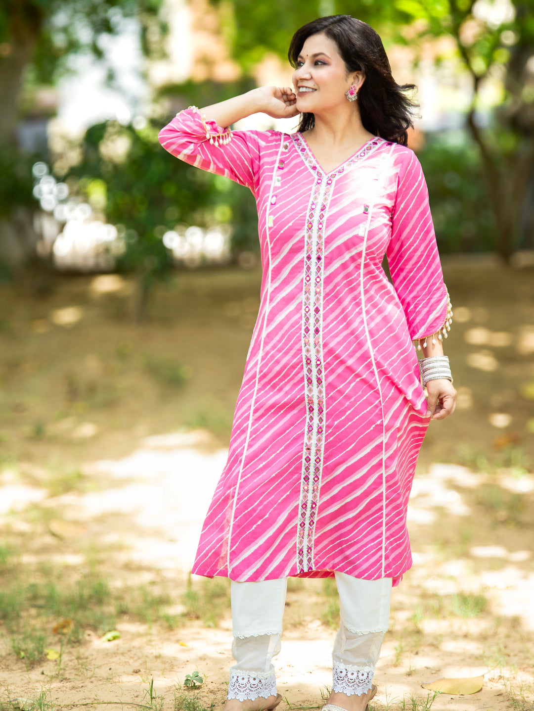 Leher Flamingo Pink Embroidered Lace Panel Leheriya Cotton Kurti