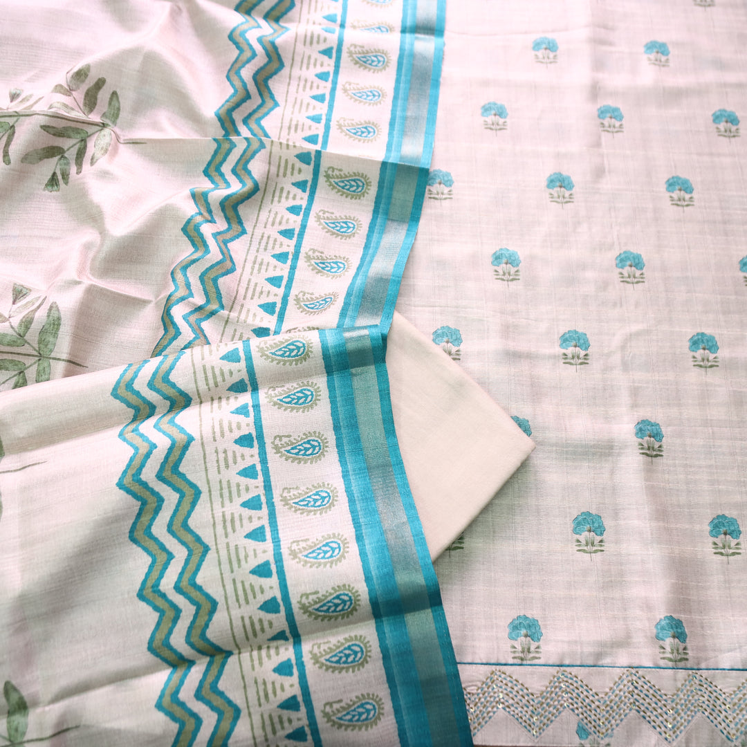 Reetu Tan Beige with Aqua Floral Print Thread Work Hem Tussar Chanderi Silk Set