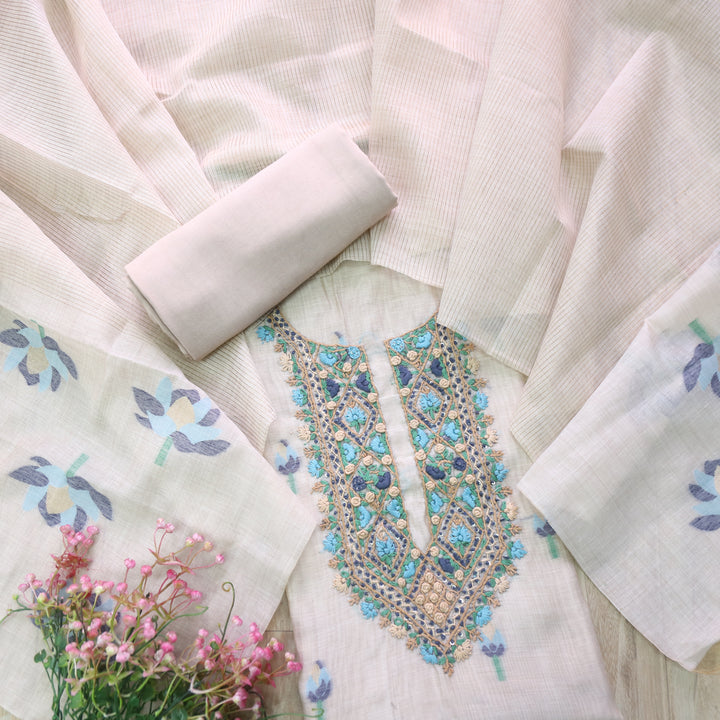 Jamdani Peacock Blue Thread Neck Work Jamdani Suit Set