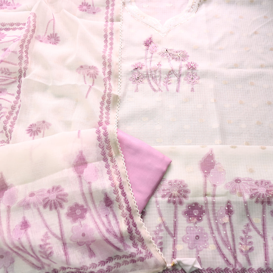 Rubiya Cream White with Purple Floral Print with Kardana and Zari Kota Doriya Set