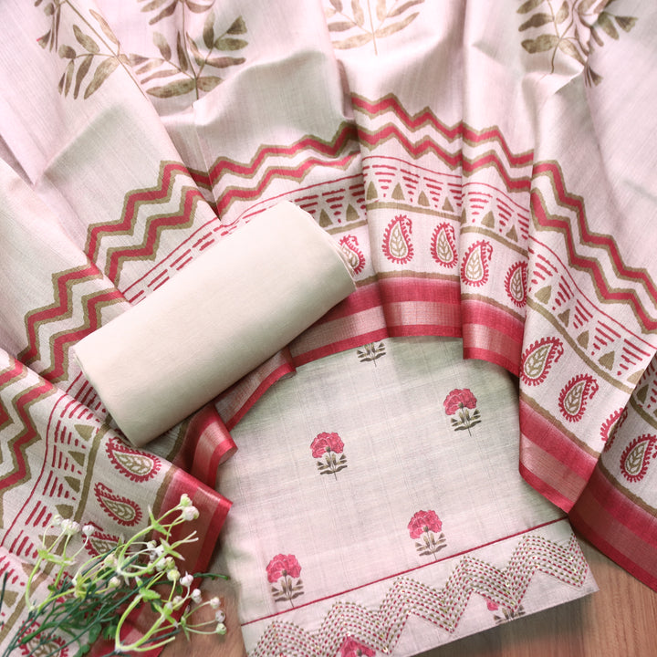 Reetu Tan Beige with Pink Floral Print Thread Work Hem Tussar Chanderi Silk Set