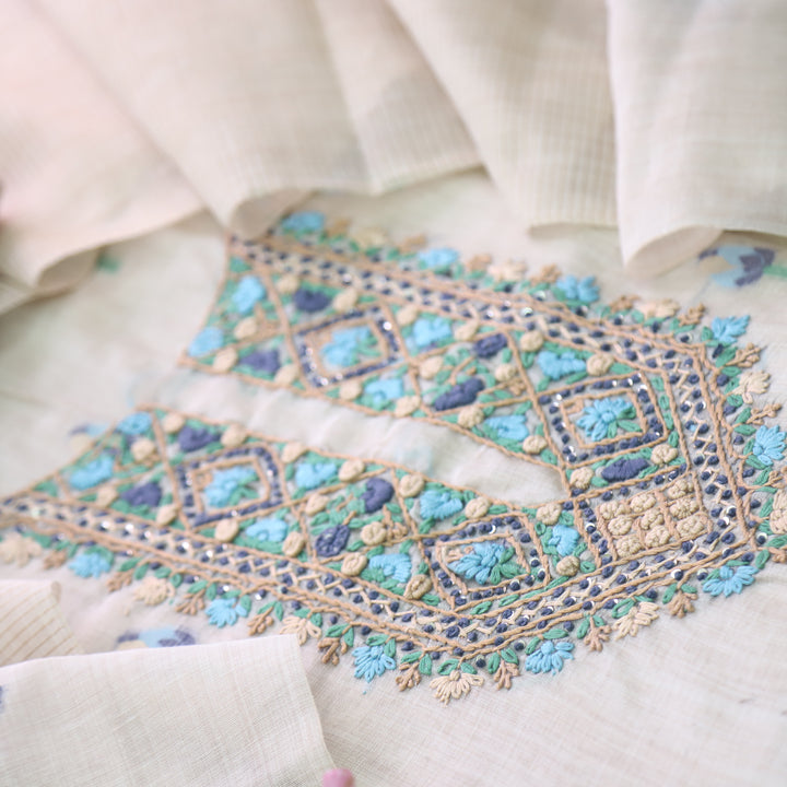 Jamdani Peacock Blue Thread Neck Work Jamdani Suit Set