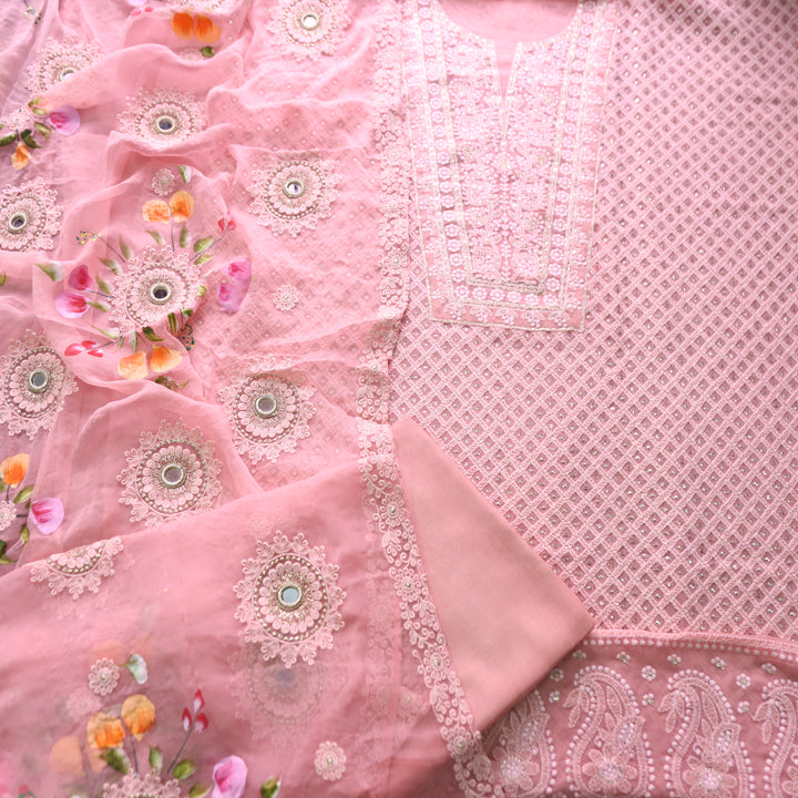 Nushrat Candy Pink All Over Thread Work Georgette Suit Set