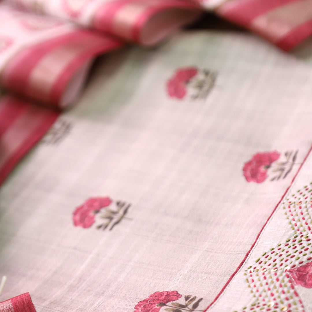 Reetu Tan Beige with Pink Floral Print Thread Work Hem Tussar Chanderi Silk Set