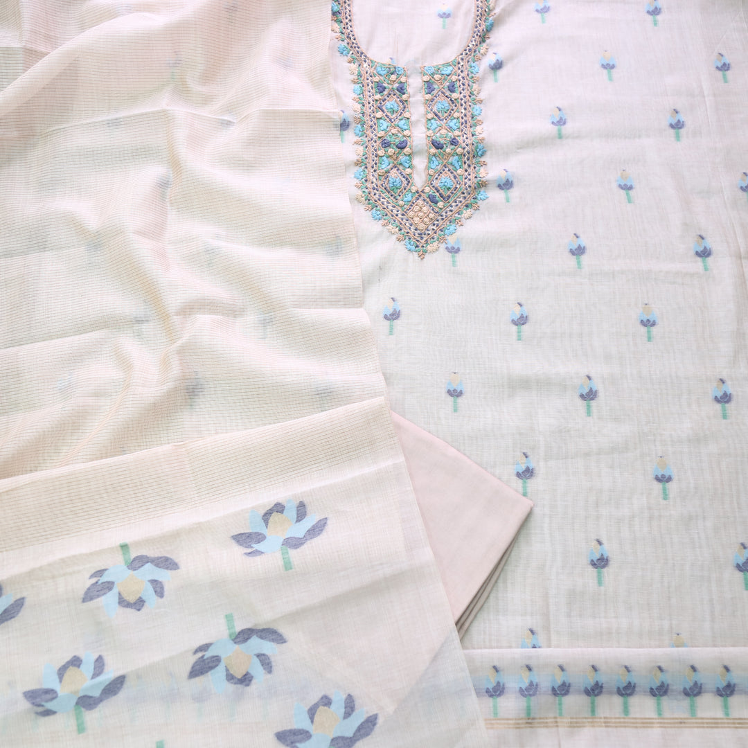 Jamdani Peacock Blue Thread Neck Work Jamdani Suit Set