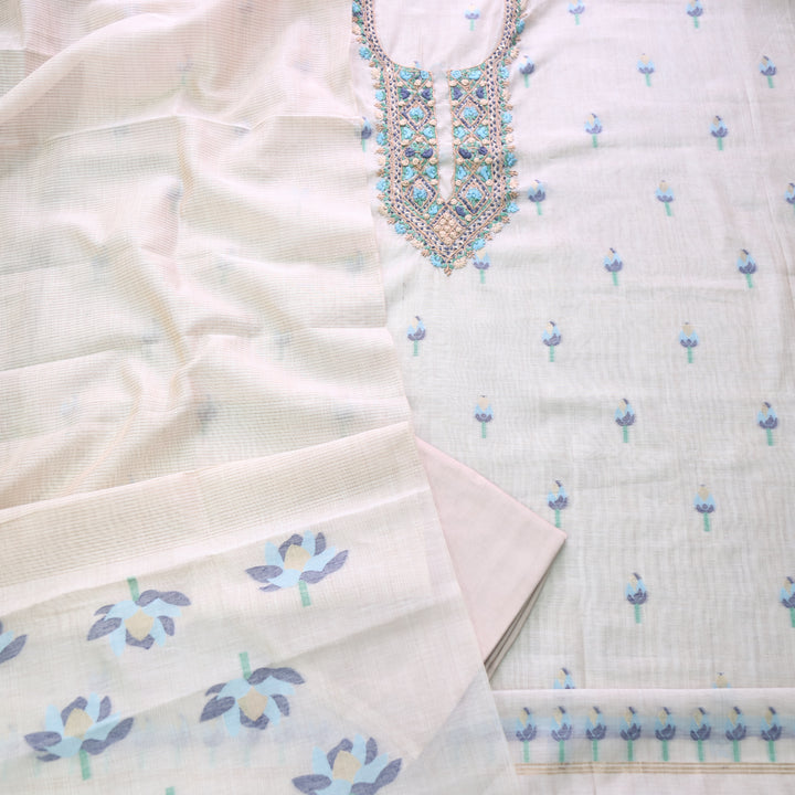 Jamdani Peacock Blue Thread Neck Work Jamdani Suit Set