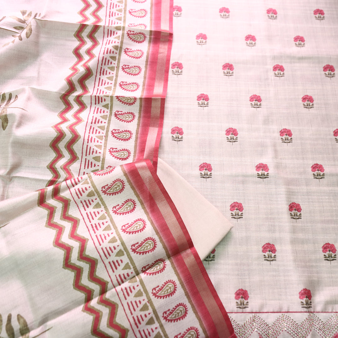 Reetu Tan Beige with Pink Floral Print Thread Work Hem Tussar Chanderi Silk Set