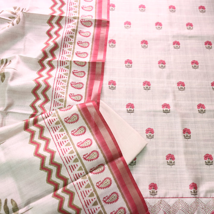 Reetu Tan Beige with Pink Floral Print Thread Work Hem Tussar Chanderi Silk Set