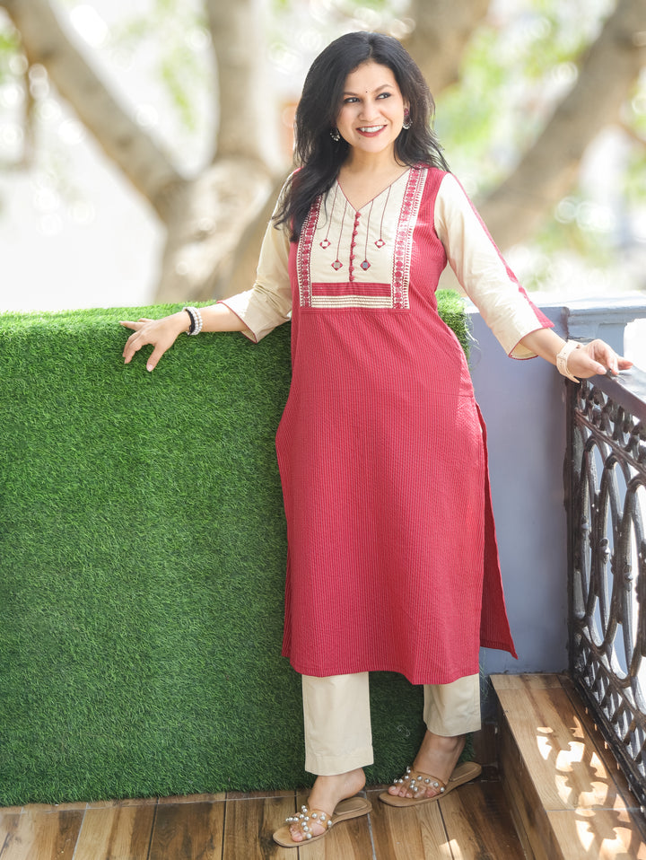 Olivia Berry Pink Mirror Yoke Cotton Kurti