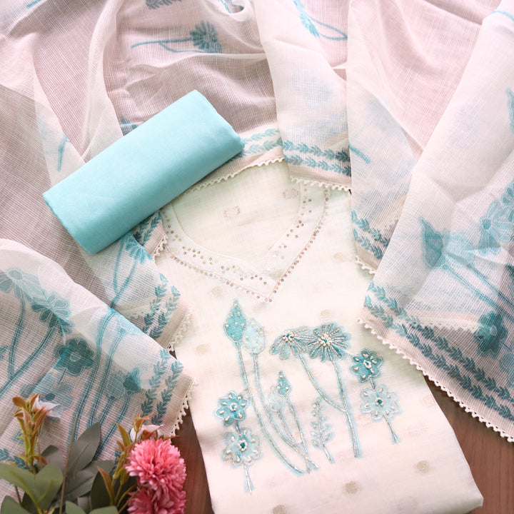 Rubiya Cream White with Aqua Floral Print with Kardana and Zari Kota Doriya Set