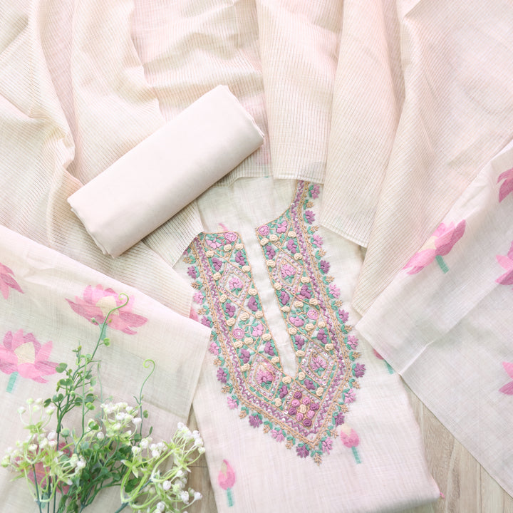 Jamdani Soft Pink Thread Neck Work Jamdani Suit Set