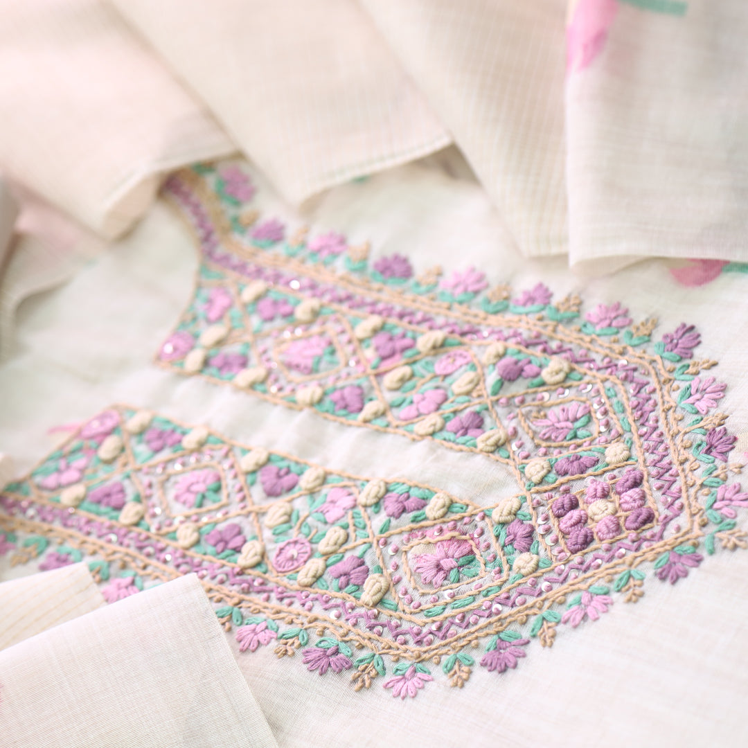 Jamdani Soft Pink Thread Neck Work Jamdani Suit Set