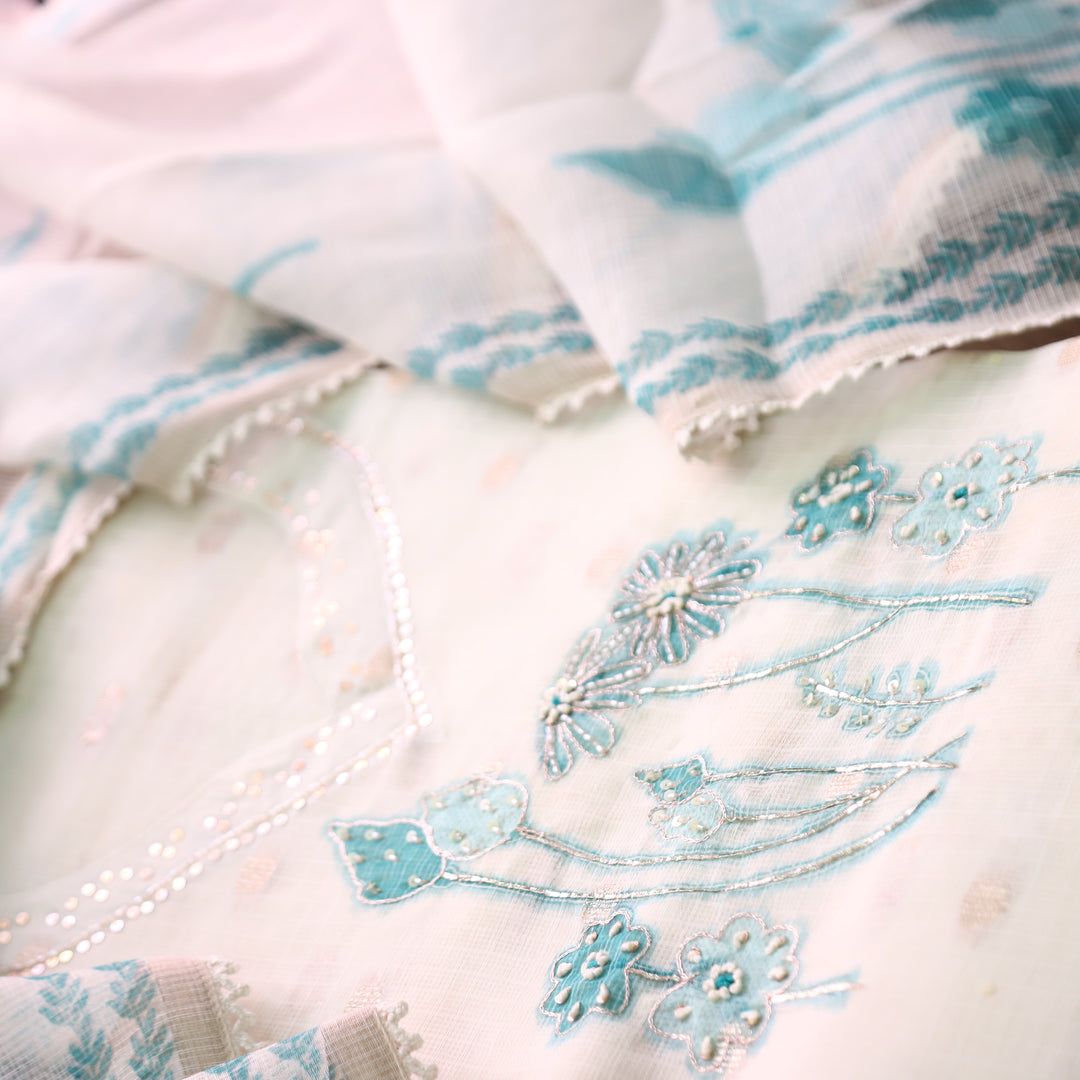 Rubiya Cream White with Aqua Floral Print with Kardana and Zari Kota Doriya Set