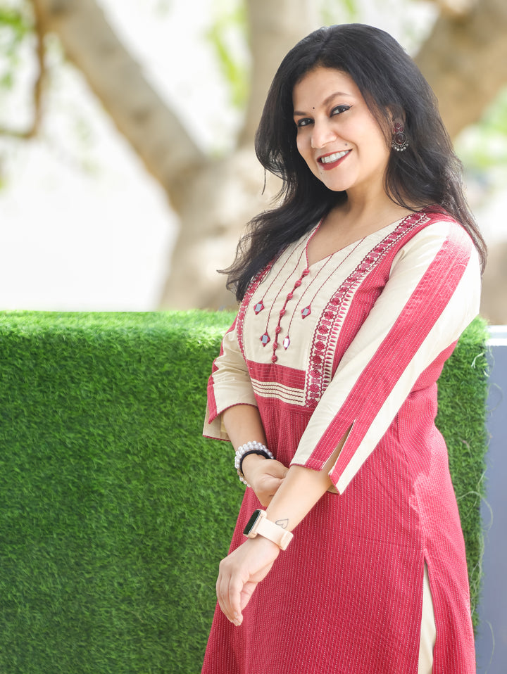 Olivia Berry Pink Mirror Yoke Cotton Kurti