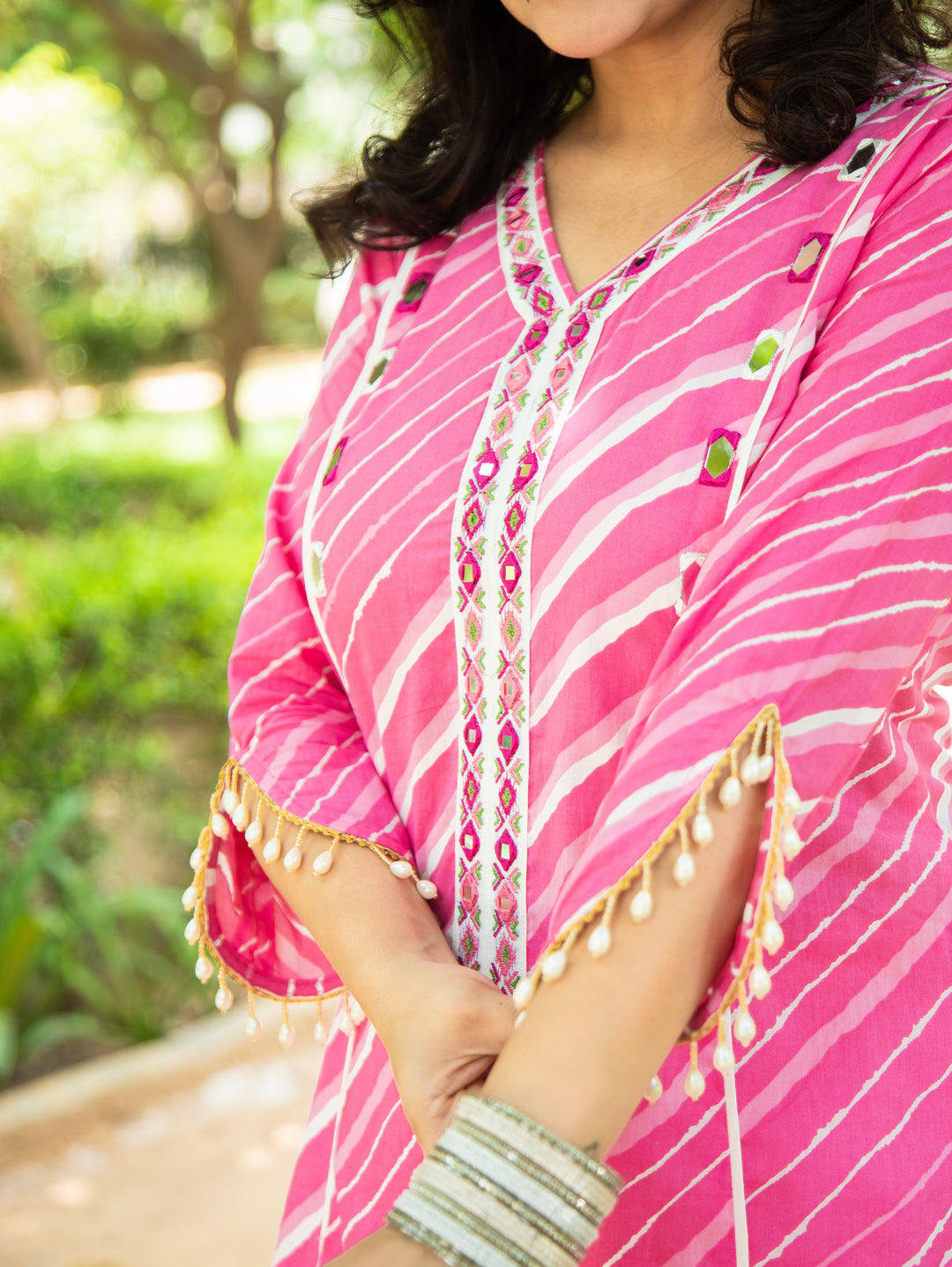 Leher Flamingo Pink Embroidered Lace Panel Leheriya Cotton Kurti