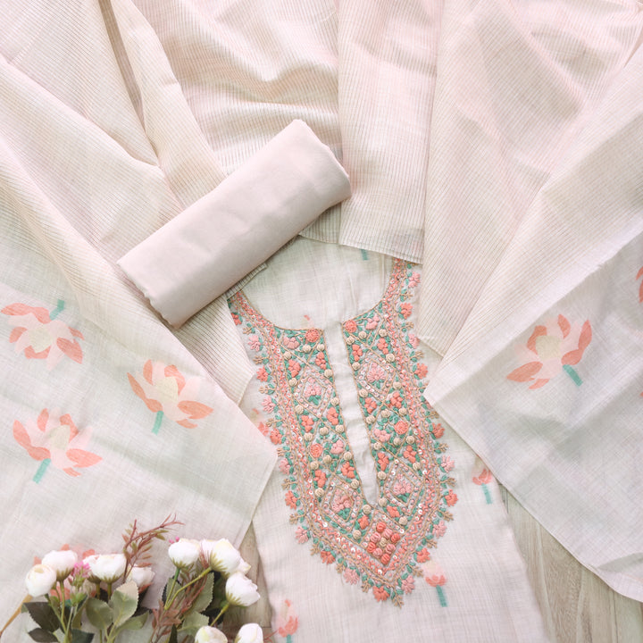 Jamdani Peachy Orange Thread Neck Work Jamdani Suit Set