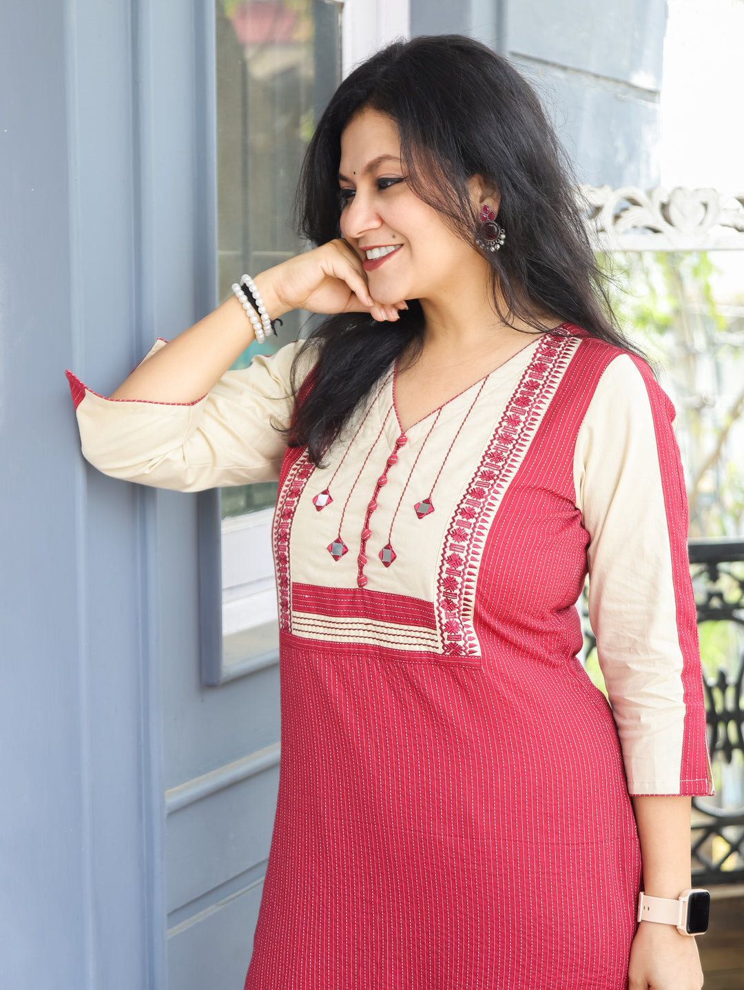 Olivia Berry Pink Mirror Yoke Cotton Kurti