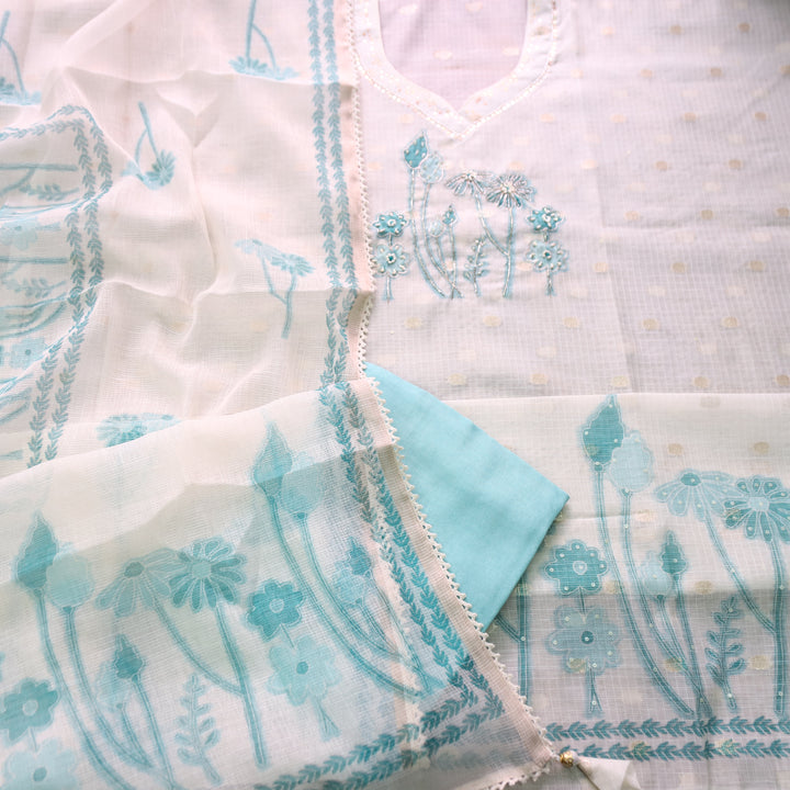 Rubiya Cream White with Aqua Floral Print with Kardana and Zari Kota Doriya Set