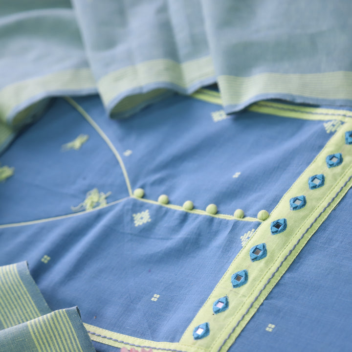 Tejas Faded Blue All Over Thread Weaved Handloom Cotton Suit Set