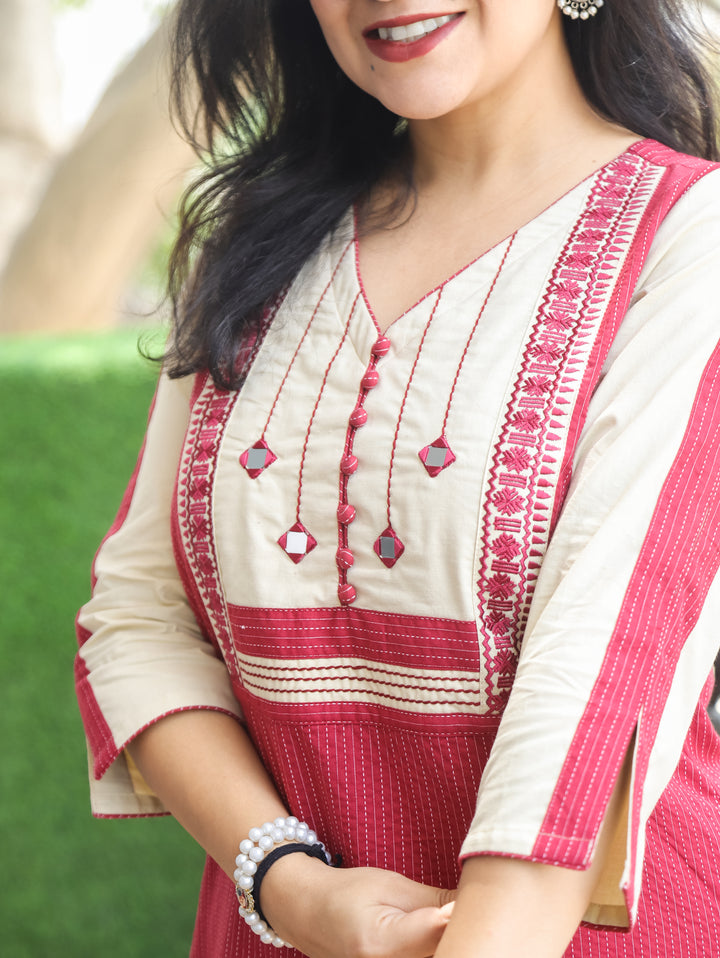 Olivia Berry Pink Mirror Yoke Cotton Kurti