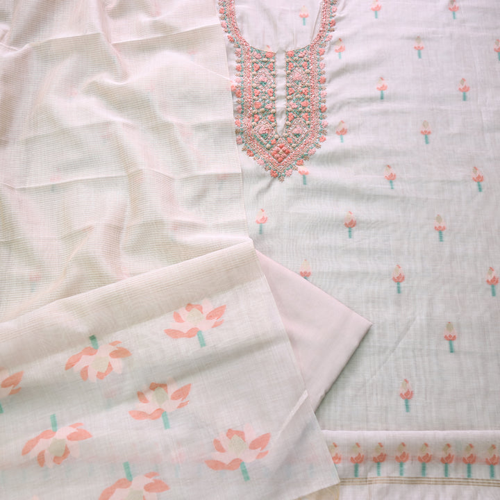 Jamdani Peachy Orange Thread Neck Work Jamdani Suit Set
