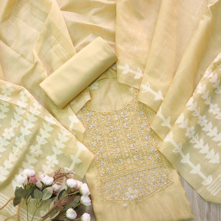 Jamdani Faded Yellow Thread Neck Work Jamdani Suit Set