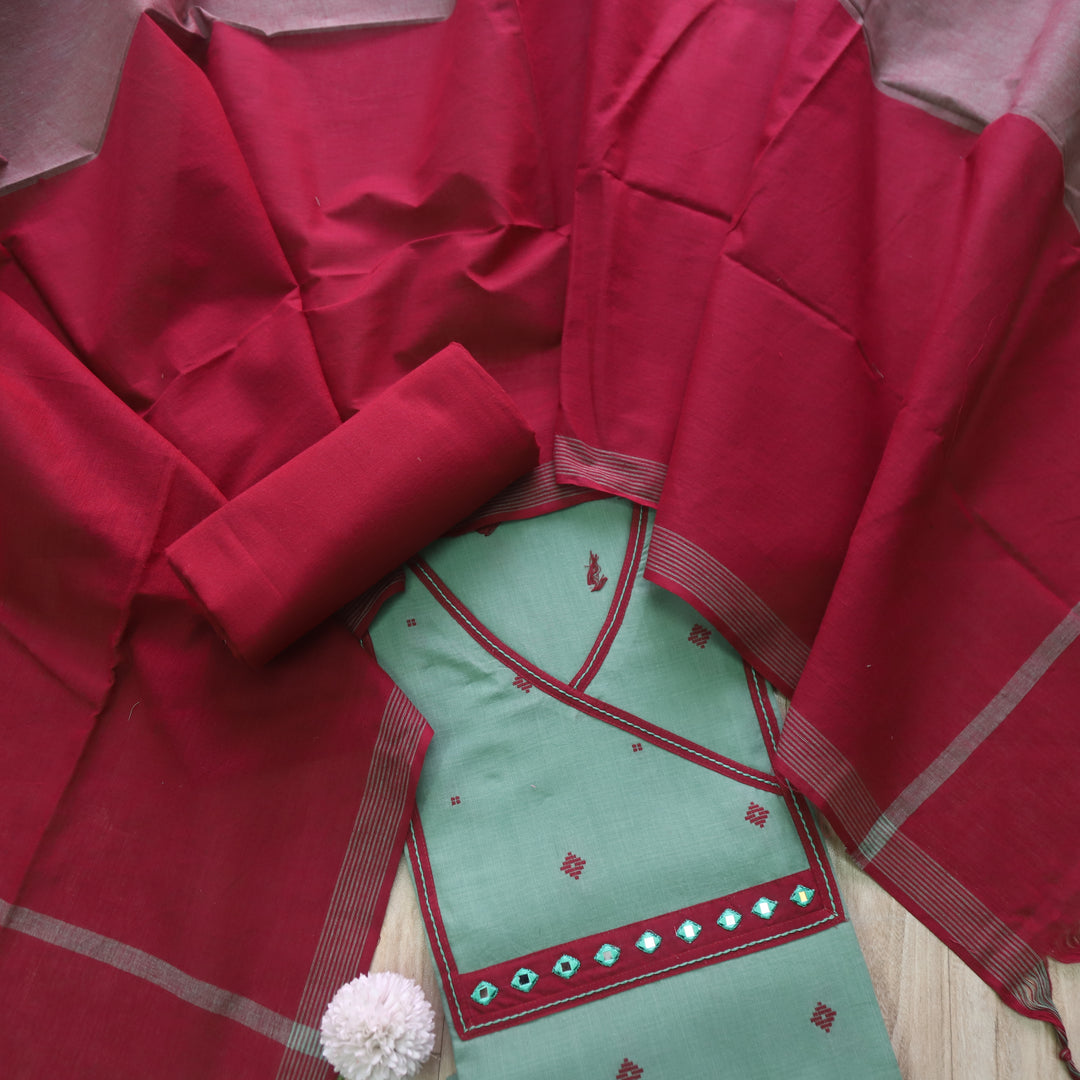 Tejas Cyan Sage Angrakha Style Thread Weaved Handloom Cotton Suit Set
