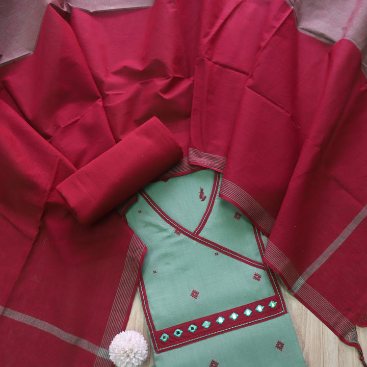 Tejas Cyan Sage Angrakha Style Thread Weaved Handloom Cotton Suit Set