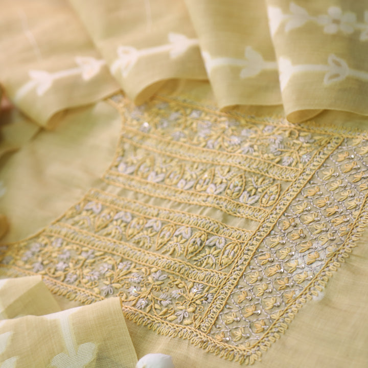 Jamdani Faded Yellow Thread Neck Work Jamdani Suit Set