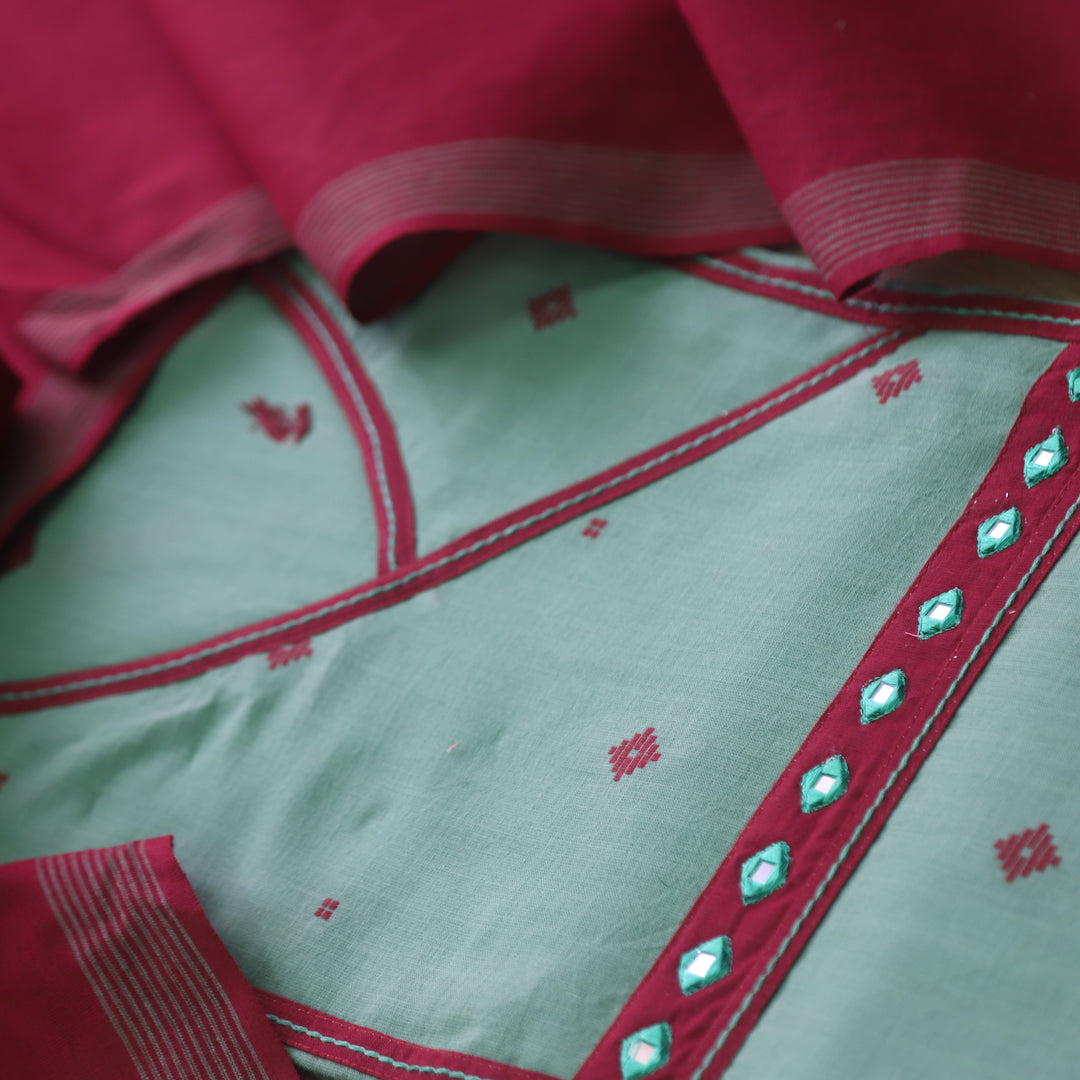 Tejas Cyan Sage Angrakha Style Thread Weaved Handloom Cotton Suit Set