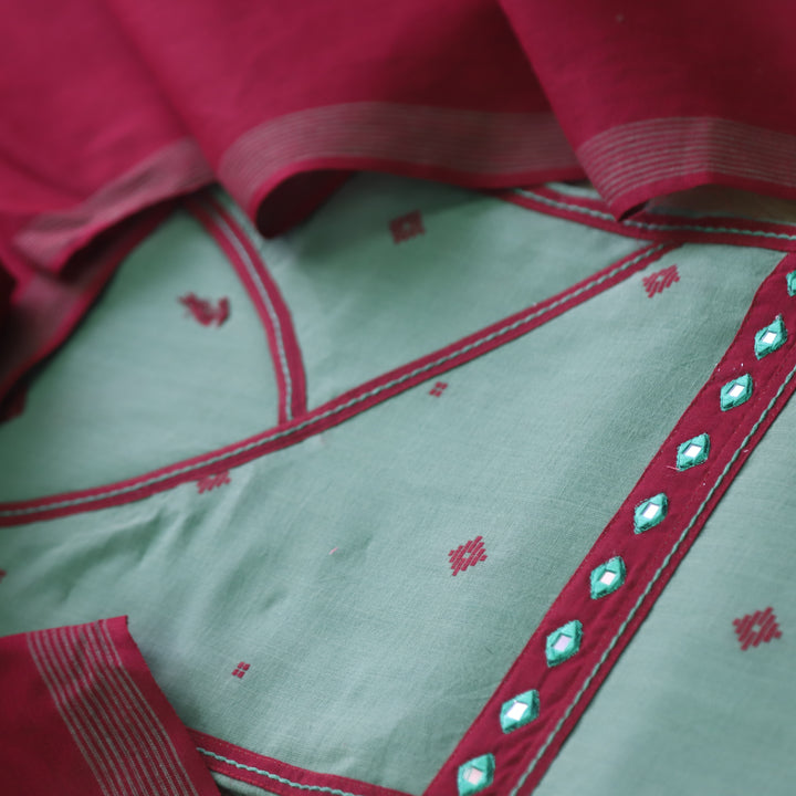 Tejas Cyan Sage Angrakha Style Thread Weaved Handloom Cotton Suit Set