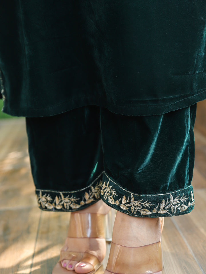 Inayat Sacramento Green Embroidered Hemline Work Velvet Winter Bottom