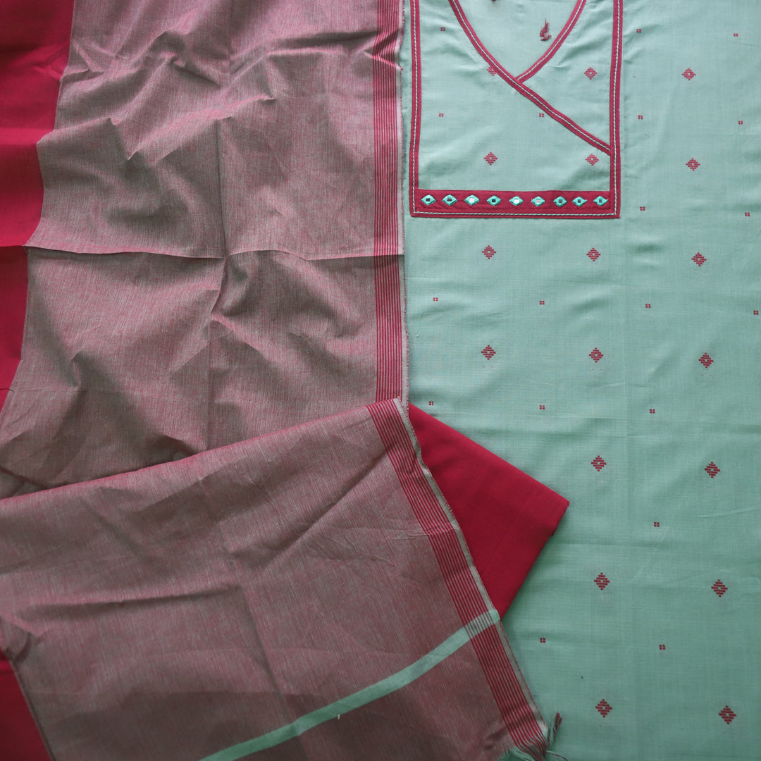 Tejas Cyan Sage Angrakha Style Thread Weaved Handloom Cotton Suit Set