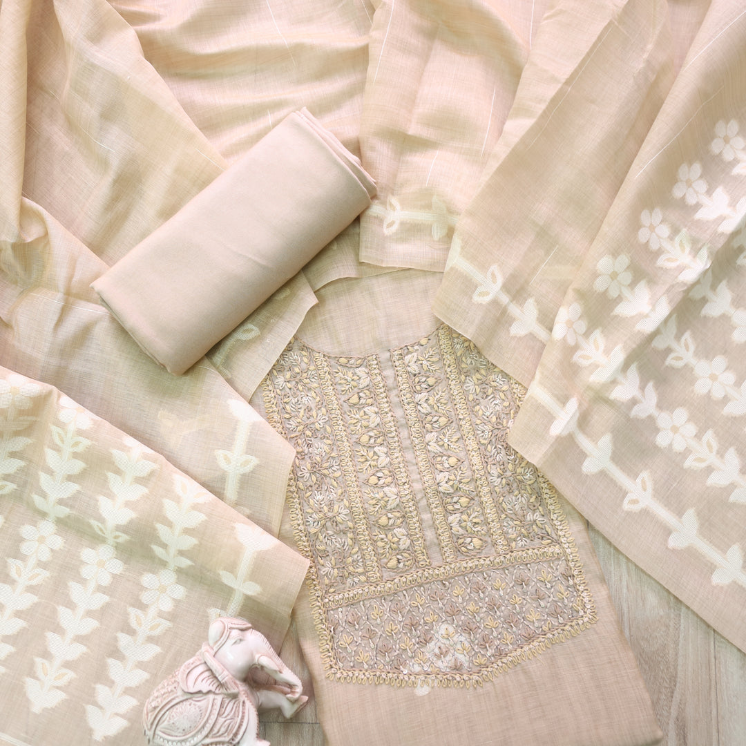 Jamdani Sand Beige Thread Neck Work Jamdani Suit Set