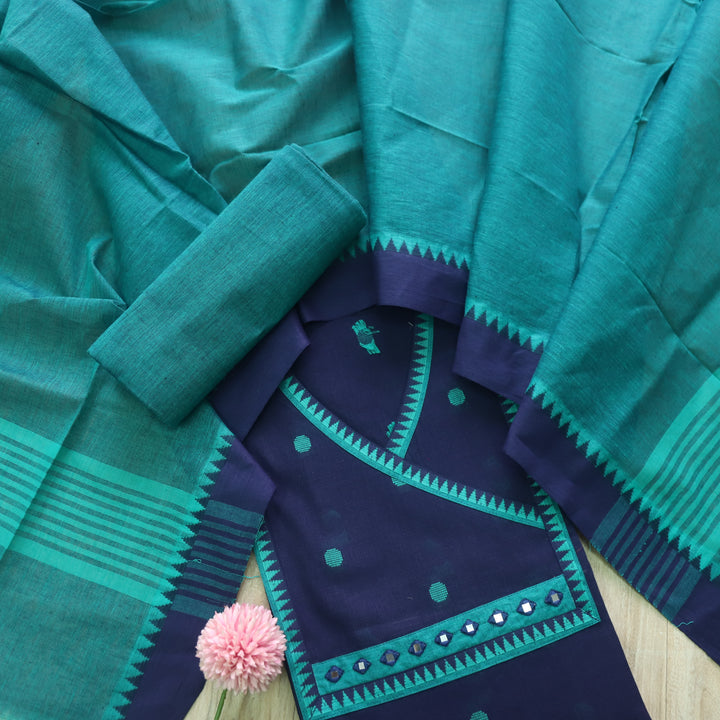 Tejas Blue with Teal Thread Buti Angrakha Style South Cotton Suit Set