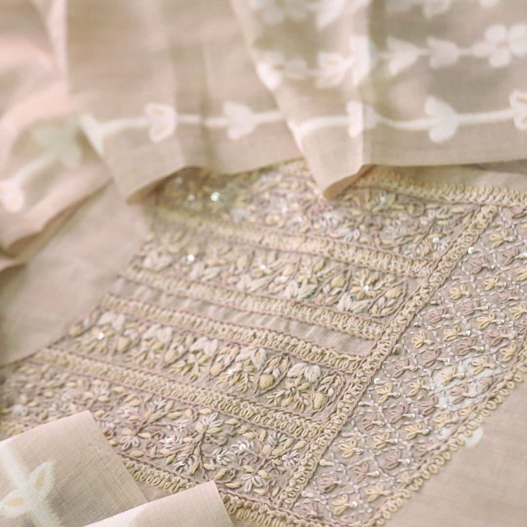 Jamdani Sand Beige Thread Neck Work Jamdani Suit Set