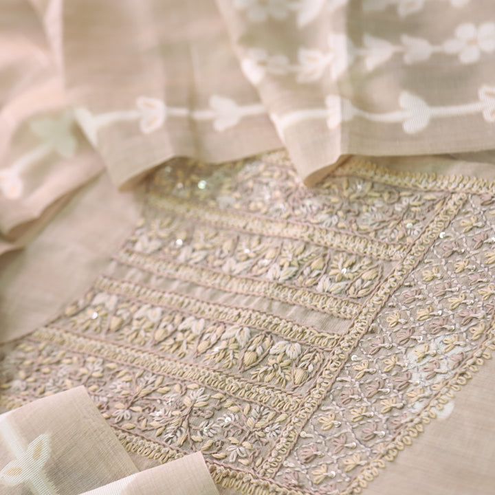 Jamdani Sand Beige Thread Neck Work Jamdani Suit Set