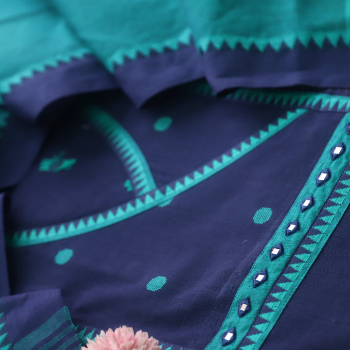 Tejas Blue with Teal Thread Buti Angrakha Style South Cotton Suit Set