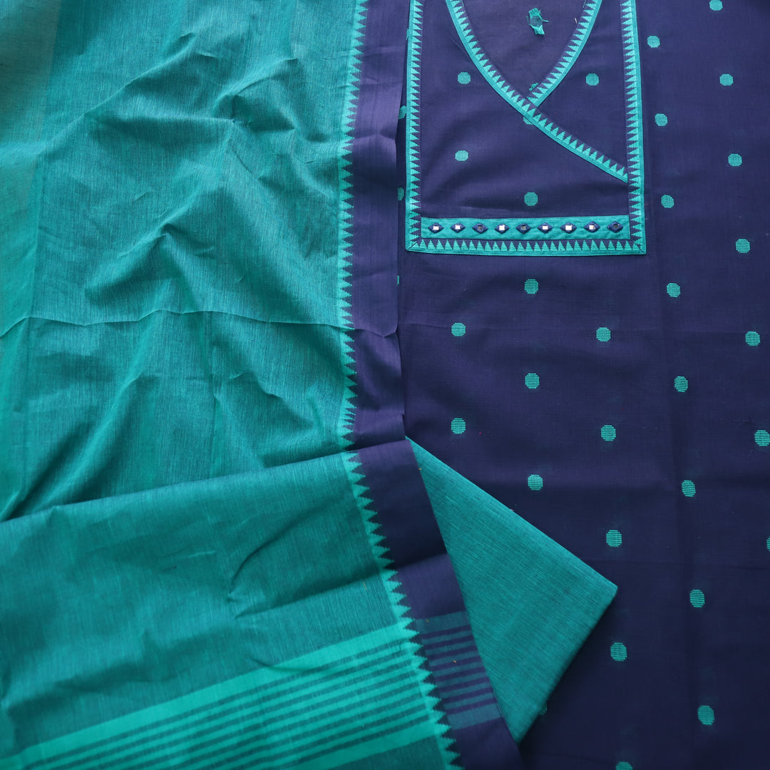 Tejas Blue with Teal Thread Buti Angrakha Style South Cotton Suit Set