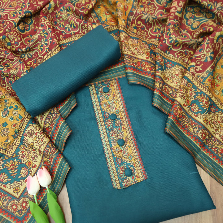 Soniya Fade Teal Button with Print Patch Neck and Hemline Semi Pashmina Winter Set