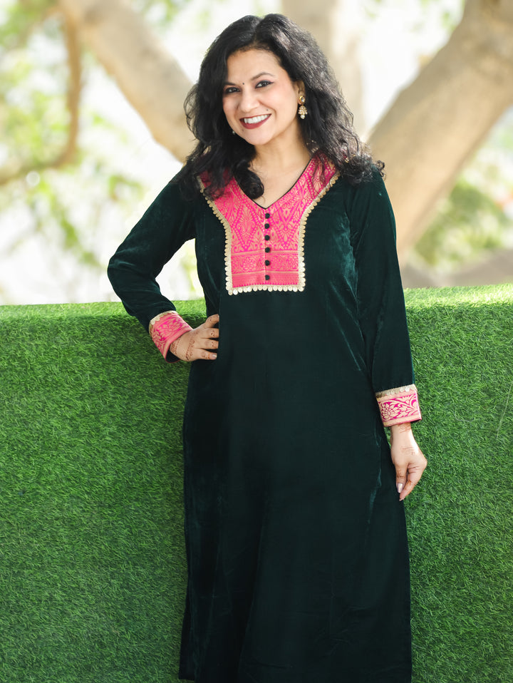 Palki Dark Green Potli Button on Patch Work with Coin Lace Velvet Winter Kurti