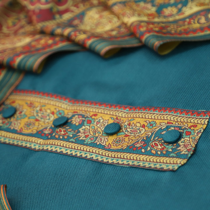 Soniya Fade Teal Button with Print Patch Neck and Hemline Semi Pashmina Winter Set