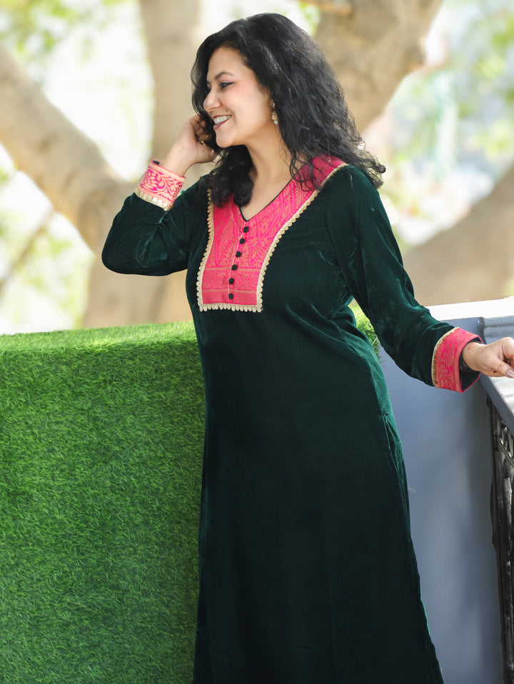 Palki Dark Green Potli Button on Patch Work with Coin Lace Velvet Winter Kurti