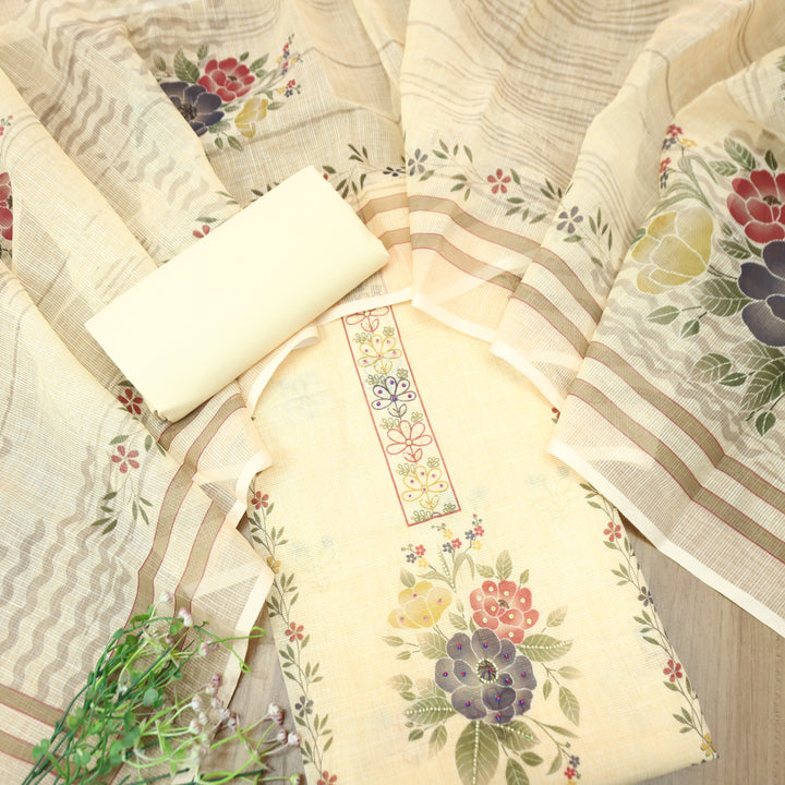 Koyal Buttermilk Beige Moti Work in Floral Printed Shimmer Tissue Linen Set