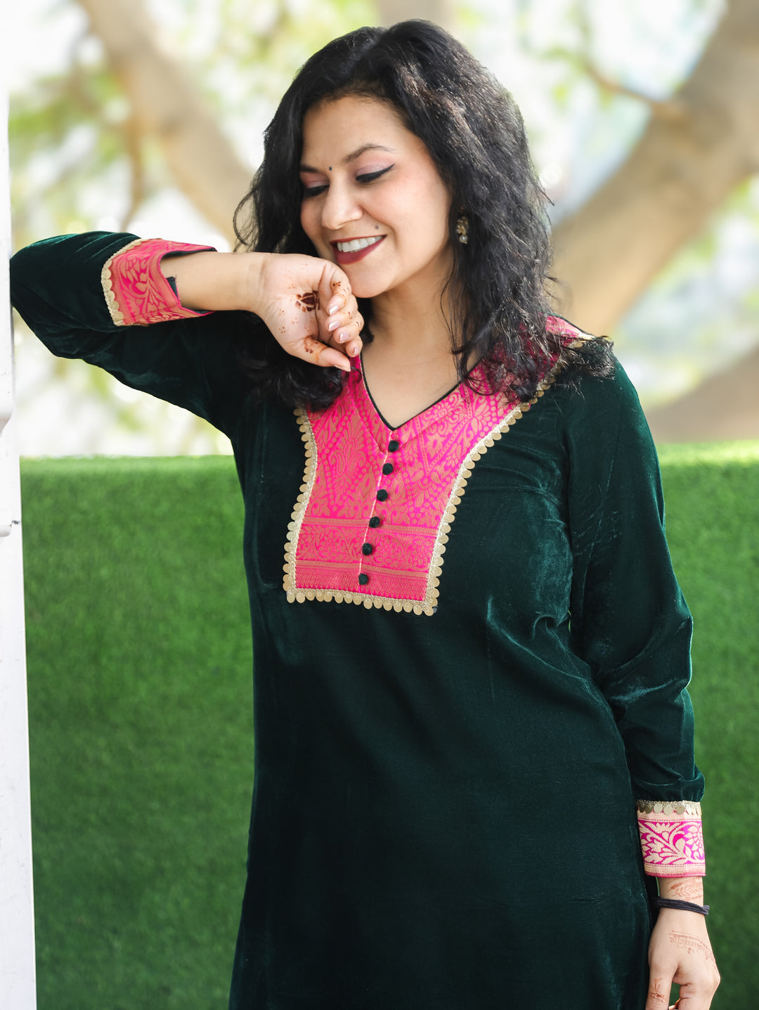 Palki Dark Green Potli Button on Patch Work with Coin Lace Velvet Winter Kurti