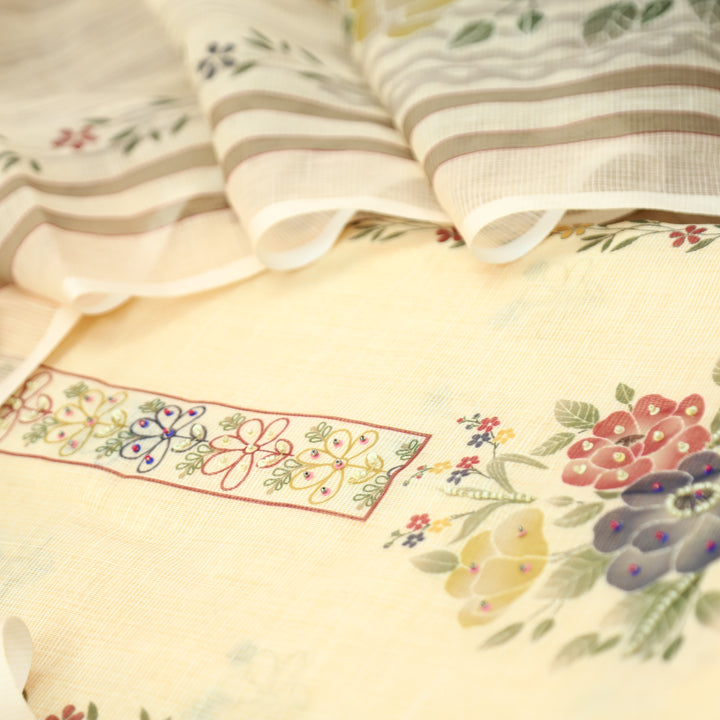 Koyal Buttermilk Beige Moti Work in Floral Printed Shimmer Tissue Linen Set