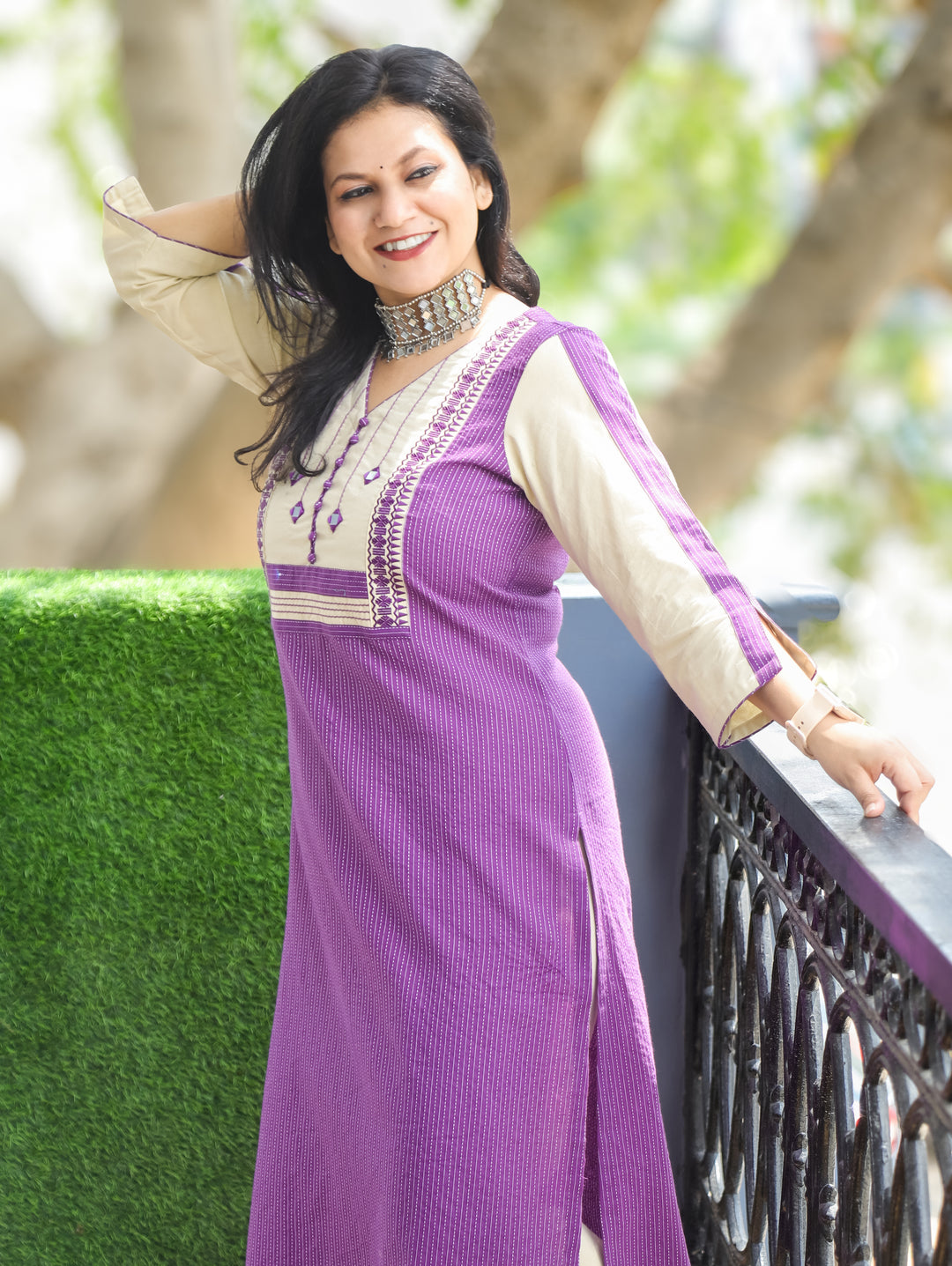 Olivia Orchid Lilac Mirror Yoke Cotton Kurti