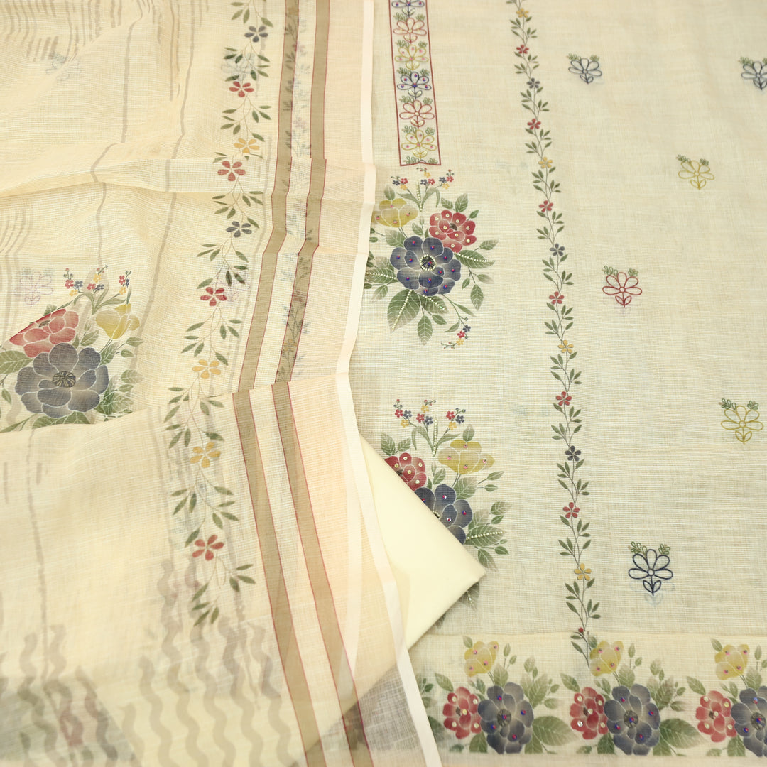Koyal Buttermilk Beige Moti Work in Floral Printed Shimmer Tissue Linen Set