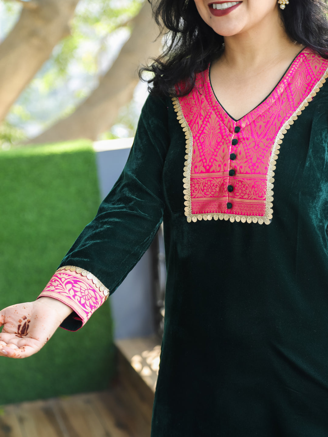 Palki Dark Green Potli Button on Patch Work with Coin Lace Velvet Winter Kurti