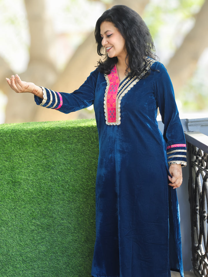 Neha Royal Blue Patch with Mirror Lace V Neckline Velvet Winter Kurti